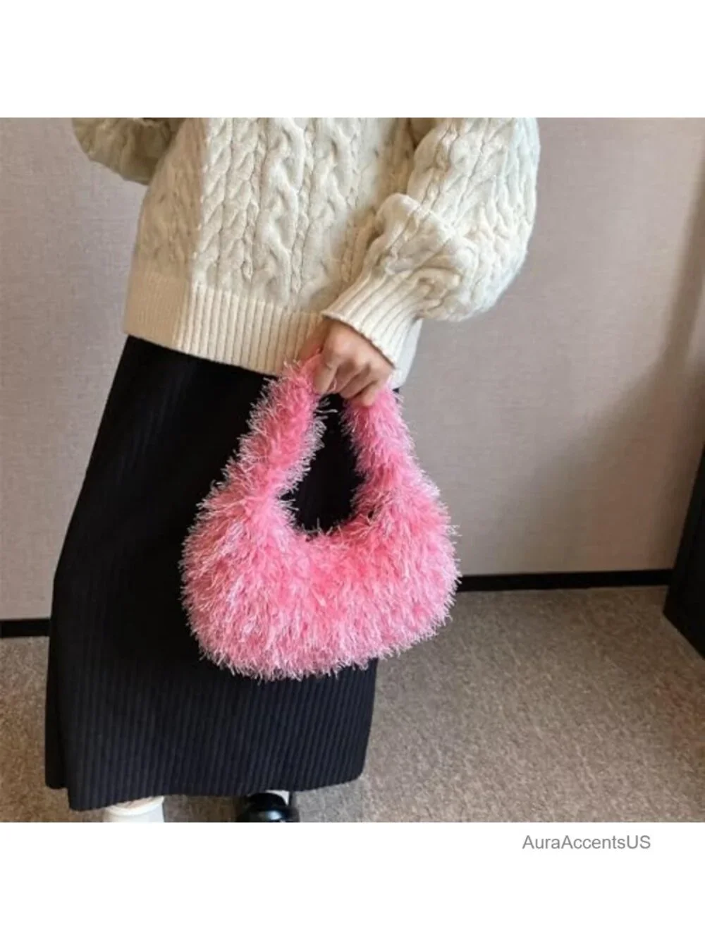 Faux Fur Fluffy Hobo Bag Furry Handbag Purse Fuzzy Tote Shoulder Bag